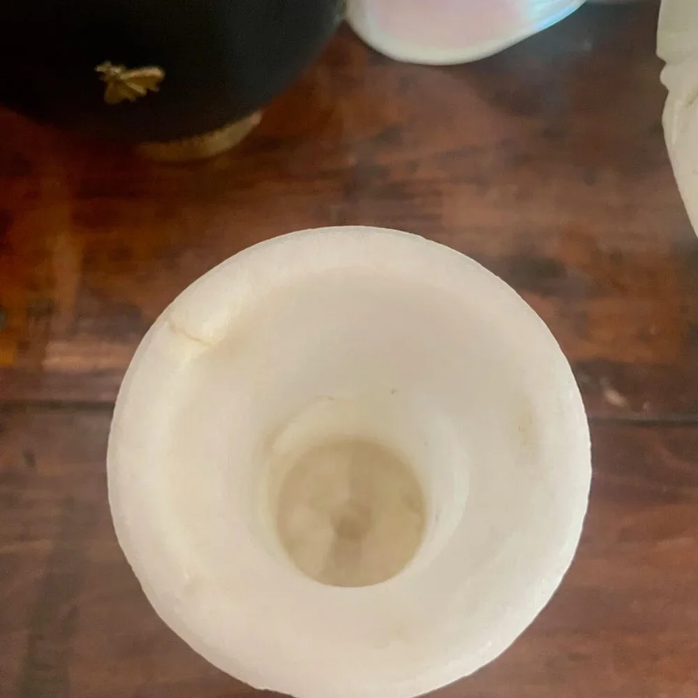 Vintage Hand-Carved Alabaster Vase Creamy White Stone Decorative Urn Leaf Design - Picture 5 of 10